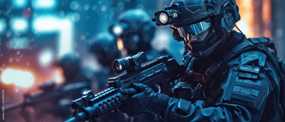 special forces soldier polices group with high technology gun and weapon working in night city, Generative AI