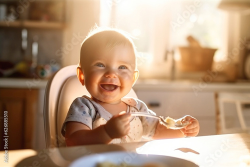 Portrait of happy carefree satisfied baby sitting in feeding chair and eating porridge