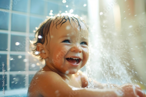 Portrait of happy smiling beautiful satisfied baby taking a bath with splashing water drops © Goffkein