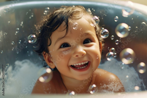 Portrait of happy smiling satisfied kid taking a bath with foam and soap bubbles © Goffkein