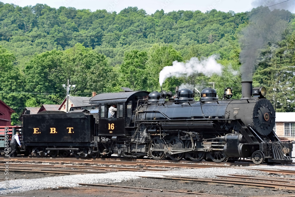 Fototapeta premium East Broad Top Railroad locomotive #16 steams up for another day of excursion trains at Rockhill Furnace, PA on June 11, 2023 