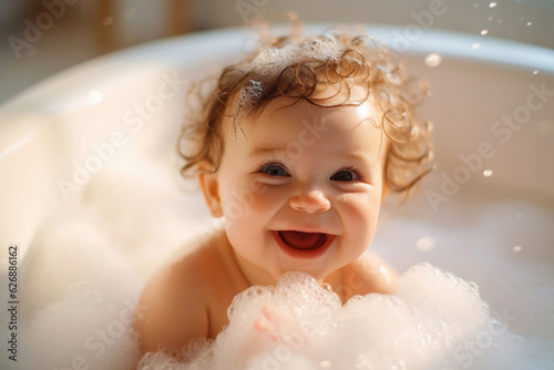 Portrait of happy smiling satisfied baby taking a bath with foam and soap bubbles