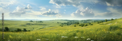 Grassy hillside photo realistic illustration - Generative AI. © Mariia