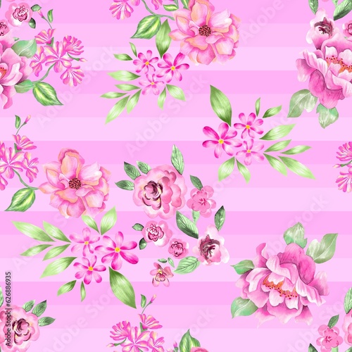 Fototapeta Naklejka Na Ścianę i Meble -  Watercolor flowers pattern, pink tropical elements, green leaves, pink stripes background, seamless