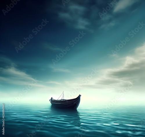 Boat in the sea on a background of blue sky with clouds Generative AI