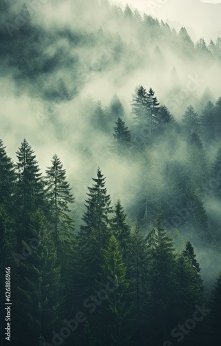 Generative AI, Misty fir forest beautiful landscape in hipster vintage retro style, foggy mountains and trees. © DELstudio