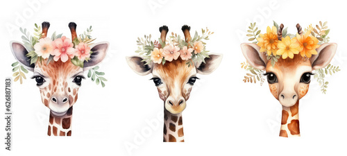 character cute giraffe floral watercolor ai generated