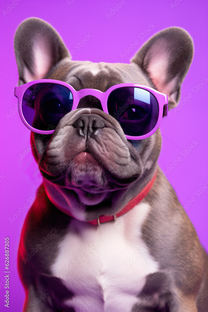 Frenchie wearing Purple Sunglasses created with GenAI