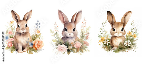 bunny cute hare floral watercolor ai generated