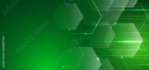 Abstract hexagons on the green background. Hi-tech digital technology and engineering concept. Digital template with polygons for medical and science banners or presentations.