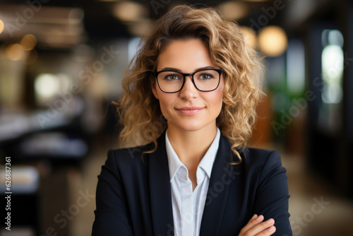 A pretty young woman wearing glasses is a businesswoman with brown hair, a black blazer and white blouse is standing in a commercial building with her arms crossed. Generative AI © Sascha