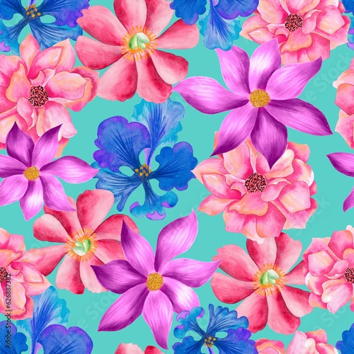 Watercolor flowers pattern  red  purple and blue tropical elements  blue background  seamless