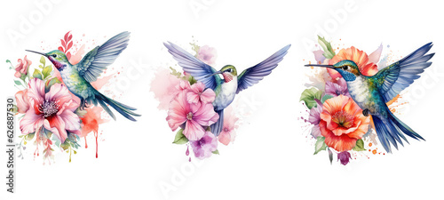 bird cute hummingbird floral watercolor ai generated
