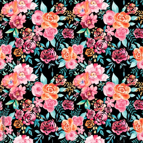 Watercolor flowers pattern, black background, seamless, pink and orange tropical elements, green leaves