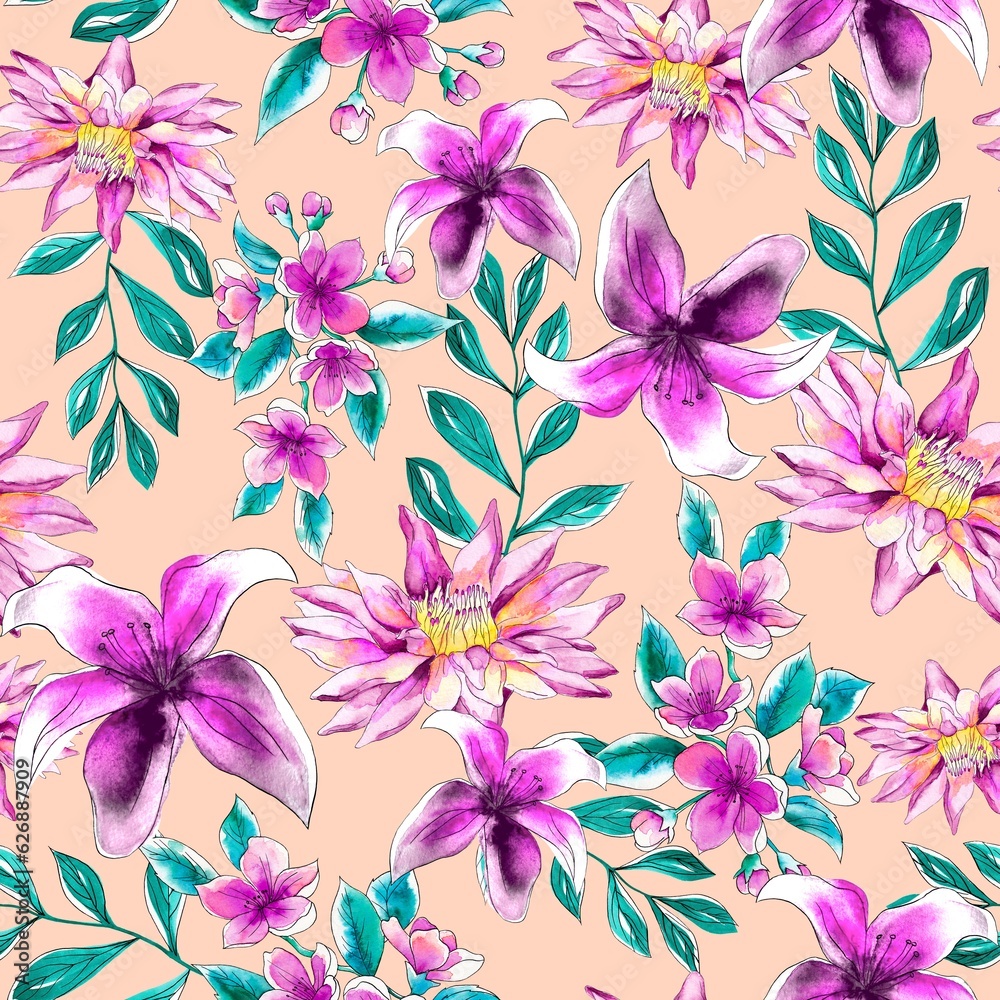 Watercolor flower pattern, tropical elements, pink background, seamless