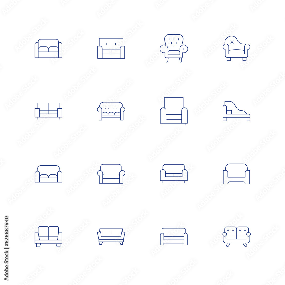 Sofa line icon set on transparent background with editable stroke. Containing sofa, armchair, chaise longue, couch.