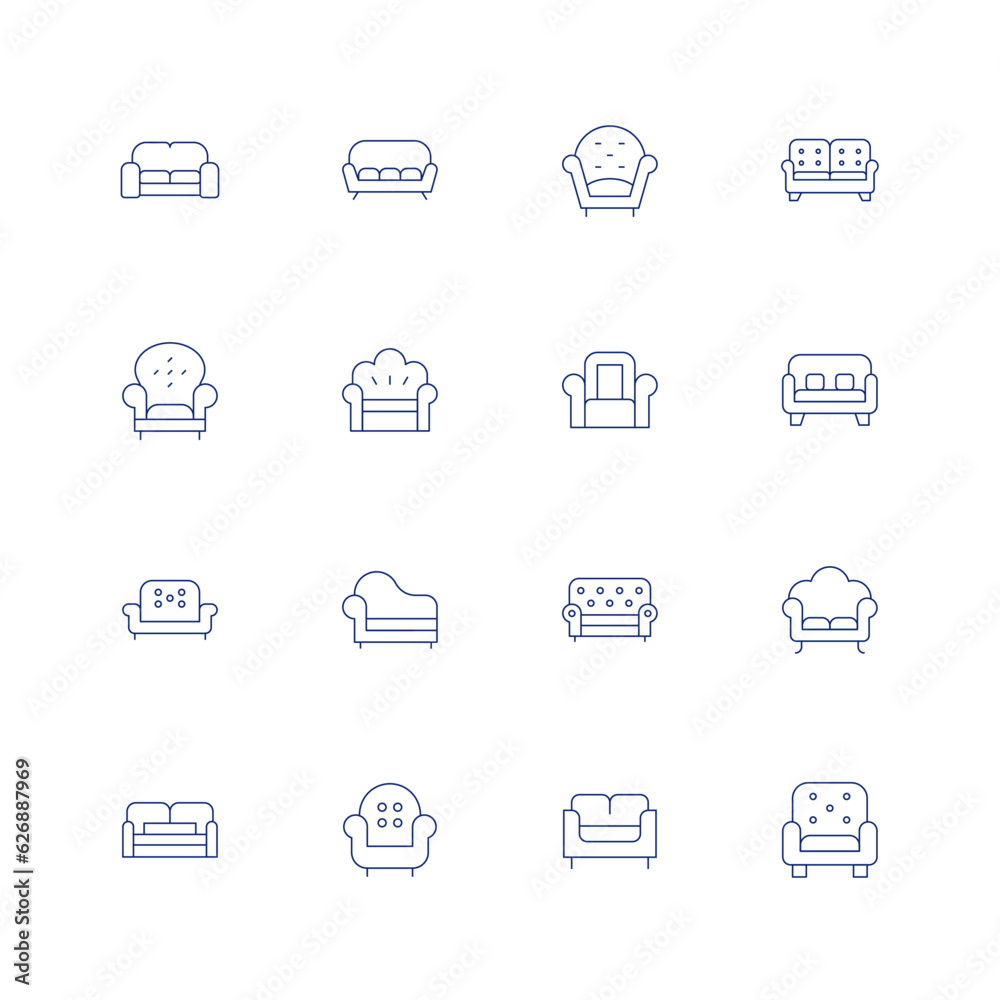 Sofa line icon set on transparent background with editable stroke. Containing sofa, armchair, couch, sofa bed.