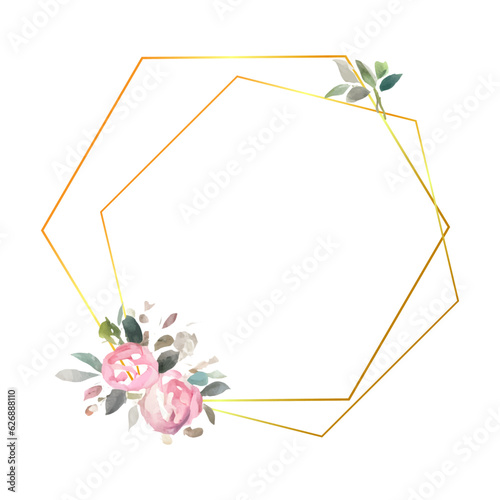 Gold geometric floral vector frame with watercolor pink roses and green leaves