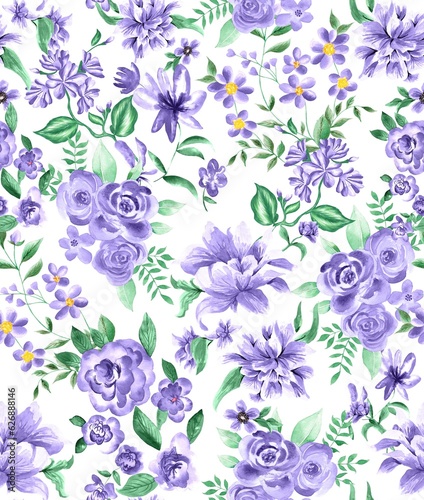 Watercolor flower pattern  White background  seamless  tropical leaves  romantic purple and lavanda elements