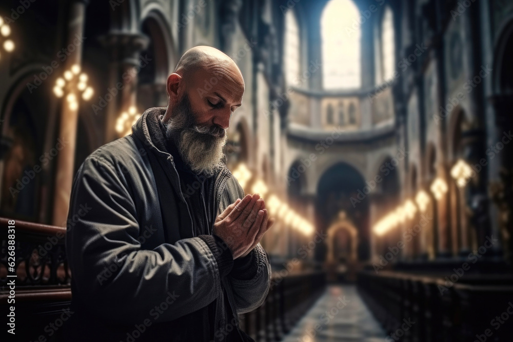 Man with praying hands in church