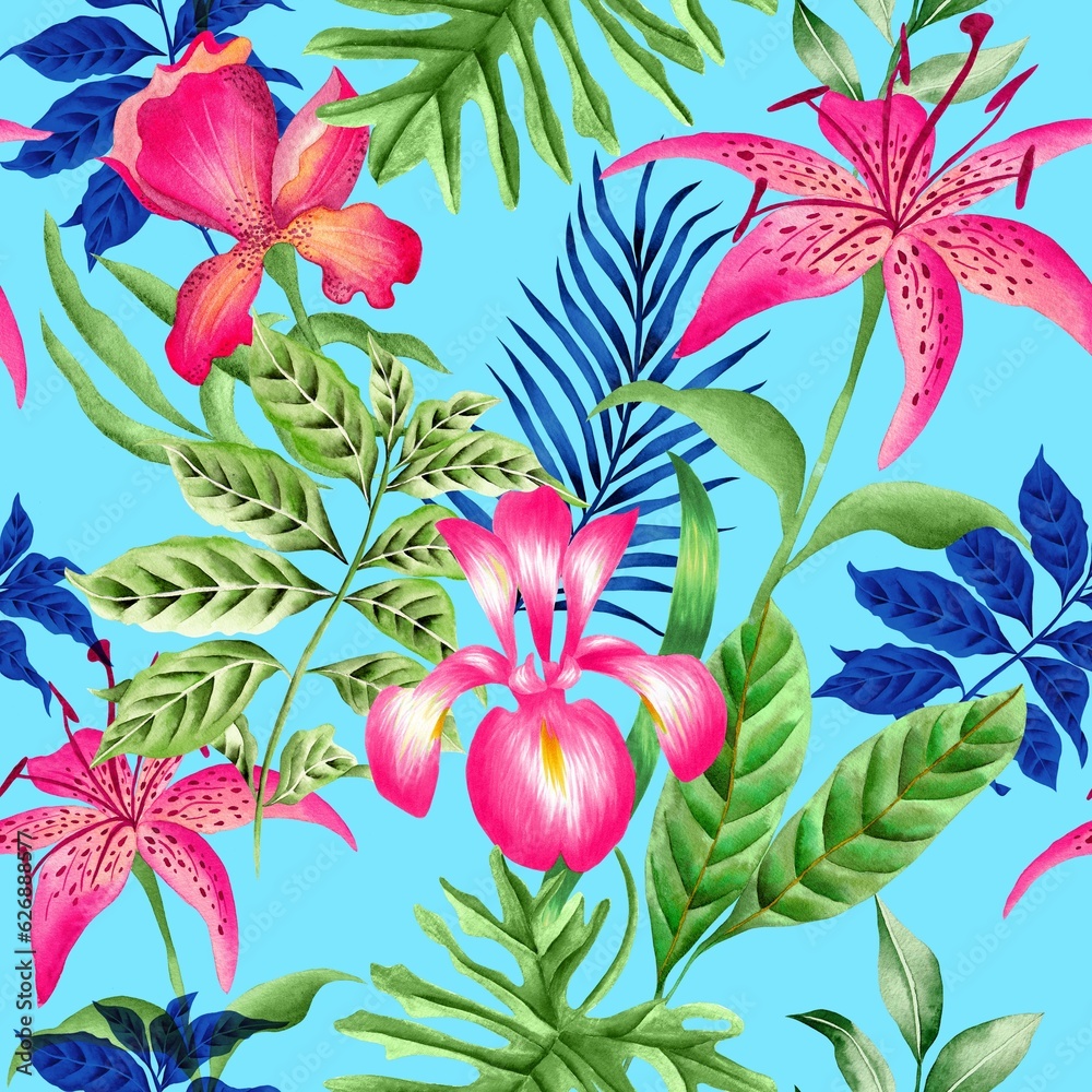 Watercolor flower and foliage pattern, blue background, seamless, tropical elements, pink lily