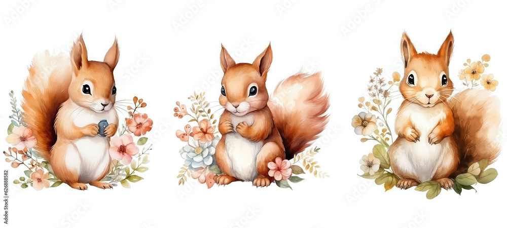 Fototapeta premium drawing cute squirrel floral watercolor ai generated