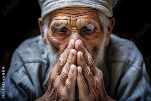 Porter of old muslim man with praying hands during prayer