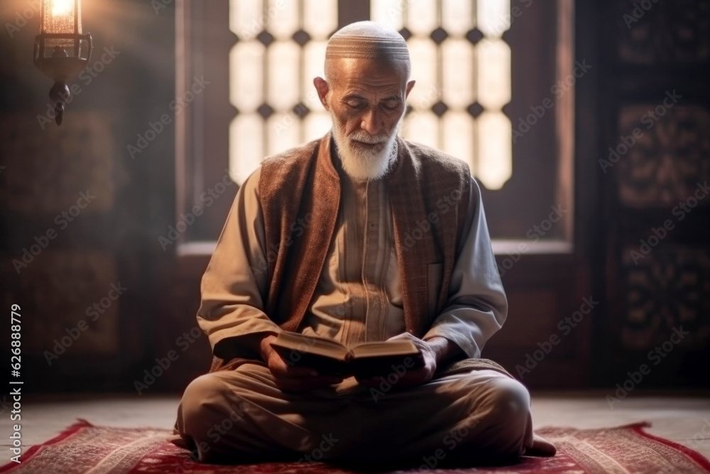Old muslim man reading quran during praying