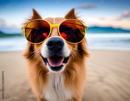 Photographie Chien heureux avec lunettes de soleil sur la plage
