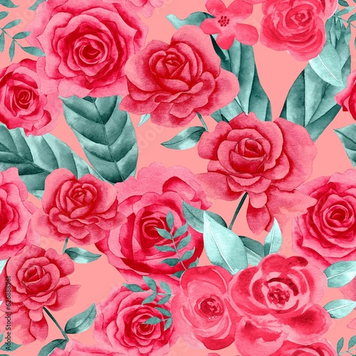 Watercolor flowers pattern  romantic red roses  pink background  green leaves