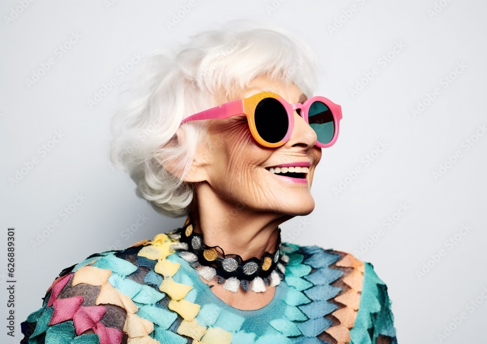 Close-up portrait of beautiful elderly woman in trendy fashion
