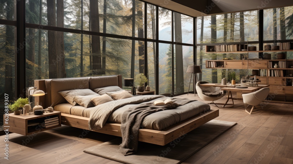 Yellow and warm modern bedroom with neutral wooden interior. AI Generative. Yellow and warm modern bedroom with neutral wooden interior. AI Generative.