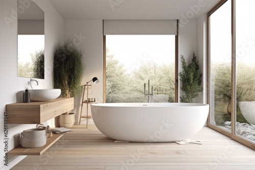 Interior of white bathroom with sink and bathtub  stand  deck with accessories  and plant on hardwood floor. a large window with a view of the countryside. Canvas poster mockup. Generative AI