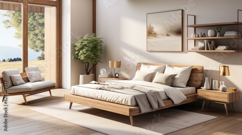 Yellow and warm modern bedroom with neutral wooden interior. AI Generative.