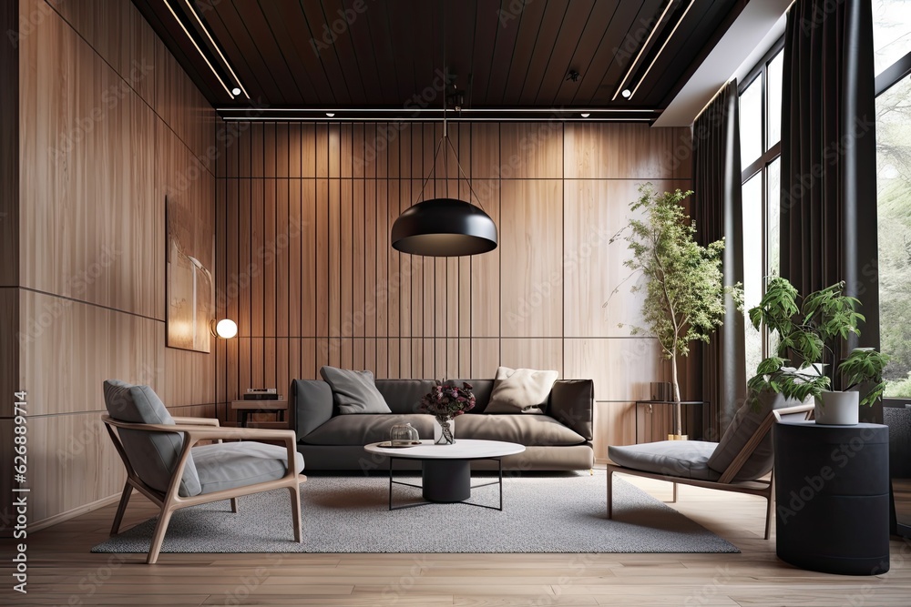 Interior of a wood paneled living room with a wooden ceiling, a cozy ...