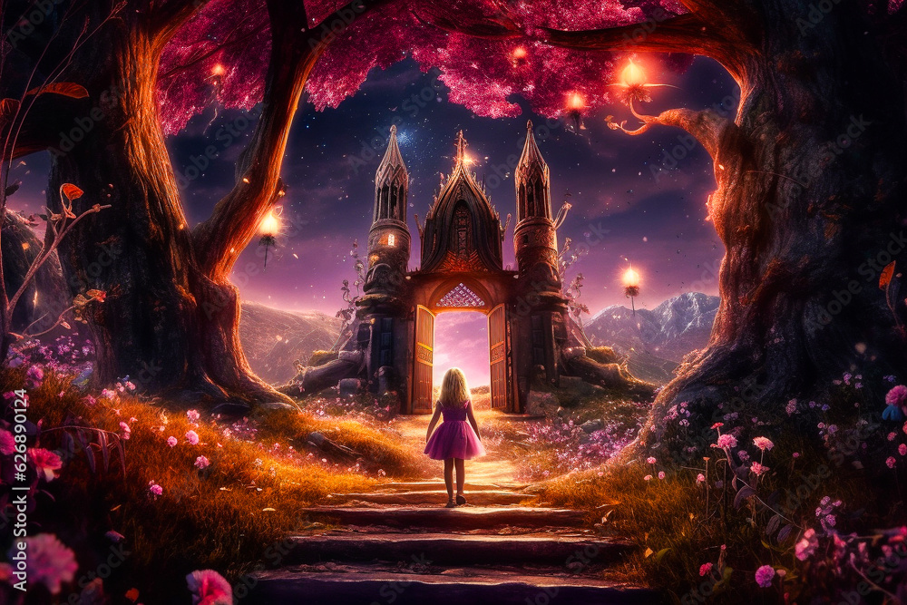 Petite fille aux portes d'un monde enchanté dans la forêt la nuit - Générative IA Petite fille aux portes d'un monde enchanté dans la forêt la nuit - Générative IA