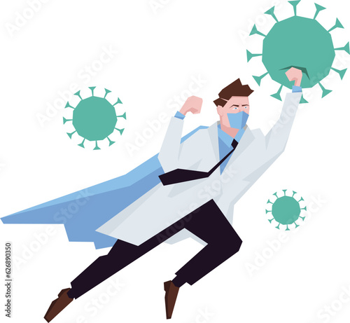 Doctor superhero working in hospital and fighting the coronavirus. Healtcare concept corona virus outbreak pandemic stop. Vector illustration.