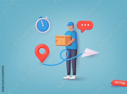 Delivery courier man holding Parcel Box. Online delivery service concept, online order tracking, delivery home and office. 3D Web Vector Illustration.