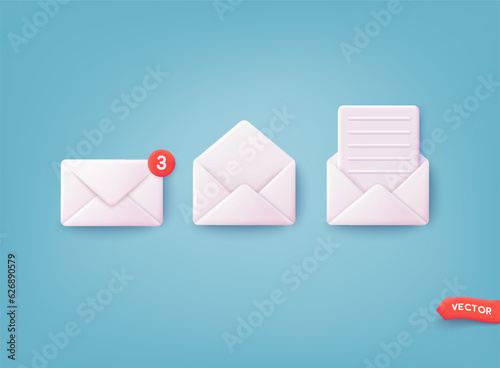 Vector set of realistic white envelopes in different positions. Folded and unfolded envelope mockup isolated on a white background.Render email notification with letters, check mark.