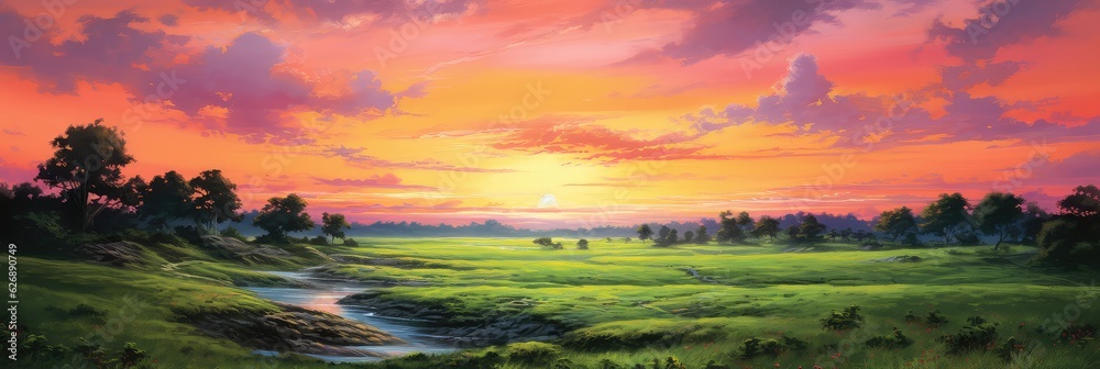 Obraz premium Sunrise over grassy plain photo realistic illustration - Generative AI.