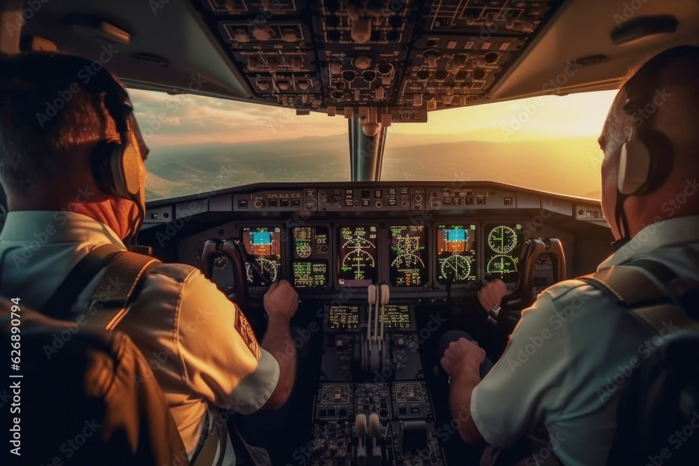 Cockpit with pilots during aircraft control - obrazy, fototapety, plakaty 