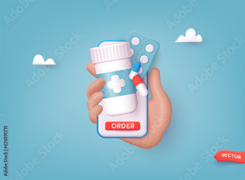 Human hand holding mobile phone for medicine online payment. Home delivery pharmacy service. 3D Web Vector Illustration.