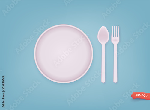 Empty Round Plate with Fork and Knife. Design template. 3D Web Vector Illustrations.