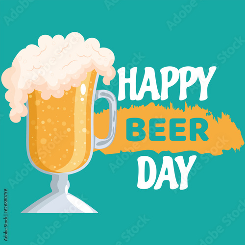 vector happy birtday greeting card with beer mug and text Happy Beerthday . Happy birthday party celebration poster with funky beer character and gifts