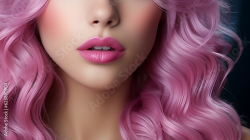 Beautiful girl with pink lips and pink hair. Generative AI