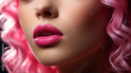 Beautiful girl with pink lips and pink hair. Generative AI © Kateryna Kordubailo