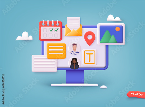 Set of UI and UX designers creating functional web interface design for websites and mobile apps. Digital wireframing process concept. 3D Web Vector Illustration.