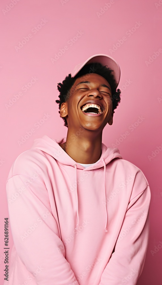 Portrait of teenage black boy laughing on pink background Portrait of teenage black boy laughing on pink background