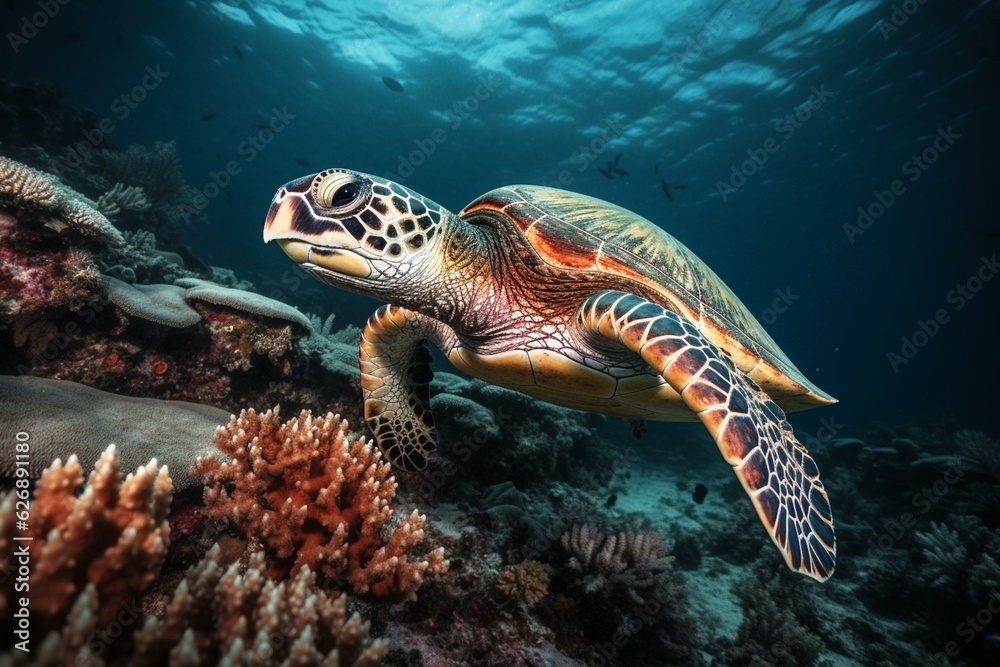 Vibrant sea turtle explores colorful coral in wild Pacific ocean. Generative AI