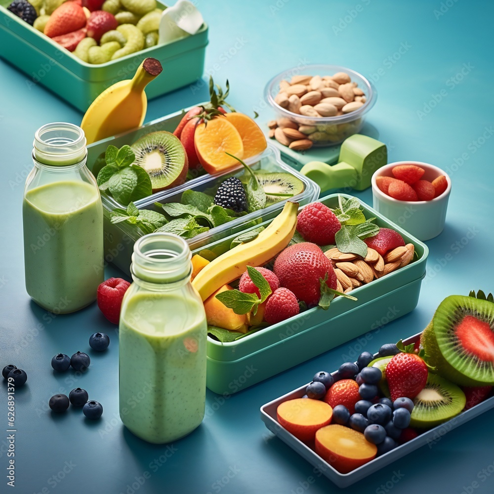 Snack In Lunch Boxes With Fresh Smoothie Drinks Snack In Lunch Boxes With Fresh Smoothie Drinks